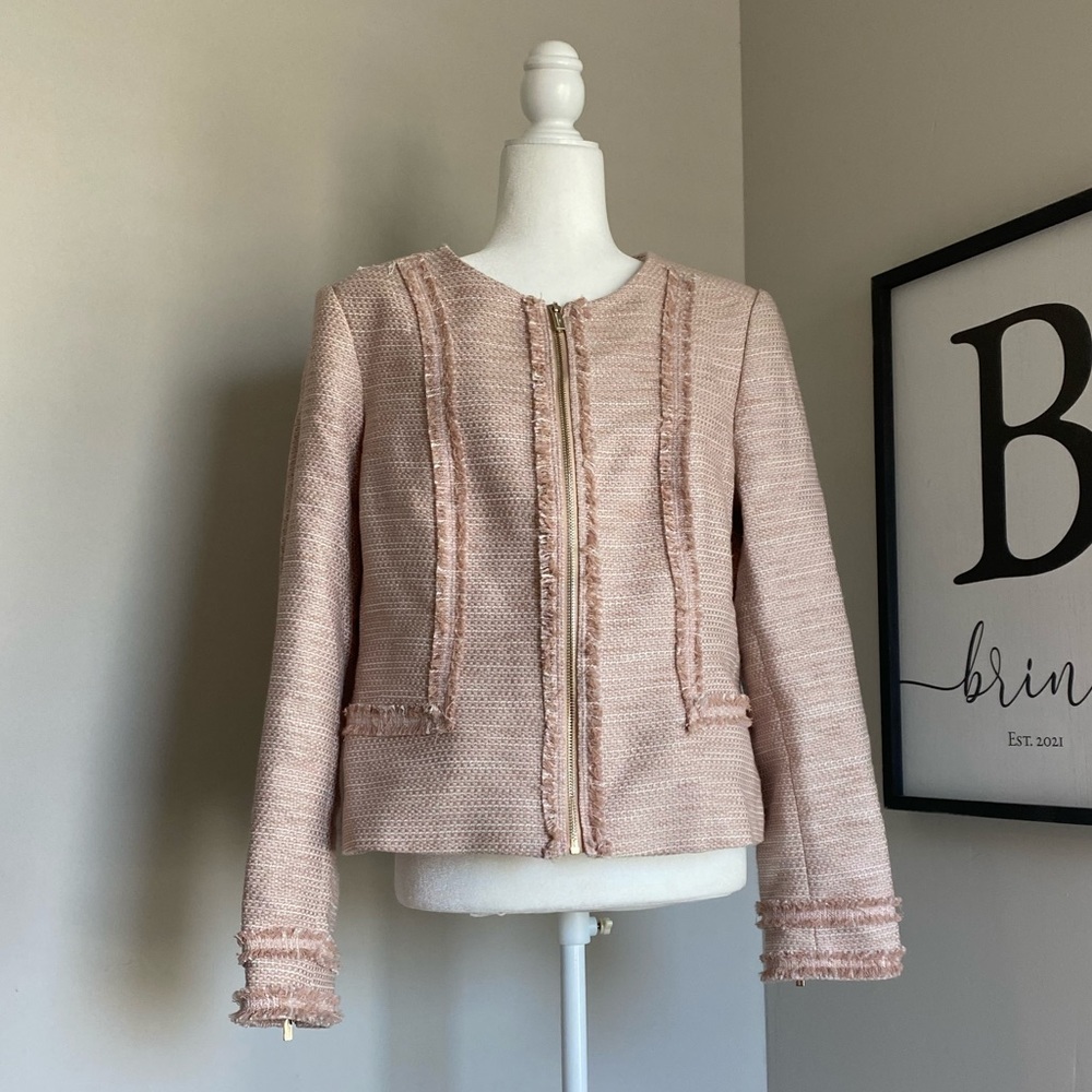 Karl Lagerfeld Pink Fringe Tweed Blazer Jacket